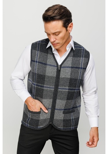 Erkek V Yaka Önü Kareli Yelek K.füme K.füme