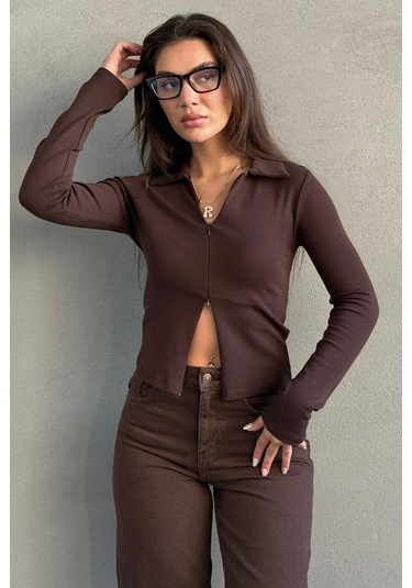 Kahverengi Polo Yaka Çift Fermuarlı Slim Fit Kadın Body Mg2652 Kahverengi