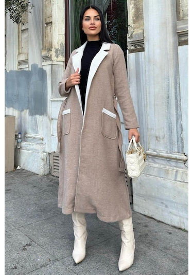 Bej Çift Taraflı Kruvaze Yaka, Kuşaklı, Yumoş Dokulu, Duble Kaşe Uzun Ceket Vizon