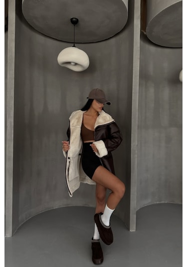 Sensuelle Deri Mont Kol Ve Yaka Peluş Kapaksız Cep Detaylı - Kahverengi Kahverengi