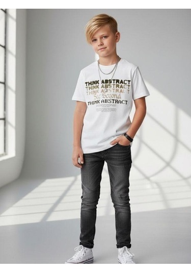 Zekids Erkek Çocuk Baskılı Tasarım T-shirt-16906 Ekru