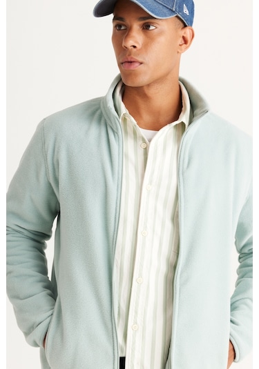 AC&Co / Altınyıldız Classics Standart Fit Fermuarlı Bato Yaka Polar Erkek Ceket Açık Yeşil