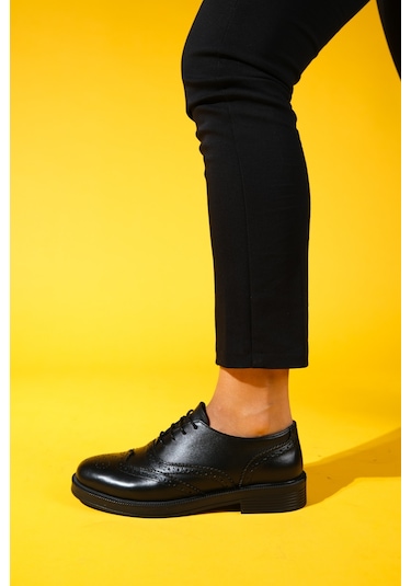 Avra Siyah Cilt Hakiki Deri Kadın Oxford Ayakkabı Siyah