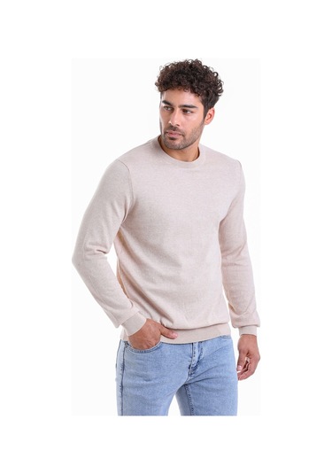 Hatemoğlu Erkek Regular Fit Düz Pamuk Bisiklet Yaka Triko Kazak - Bej