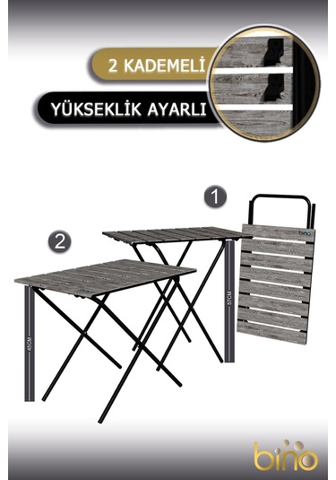 Bino Katlanır Yükseklik Ayarlı Ahşap Kamp Masası Piknik - Balkon - Mutfak Masası Siyah