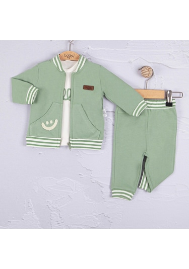 3-18 Ay Erkek Bebek Takımı Hello Nakışlı 3'lü Yeşil Yeşil