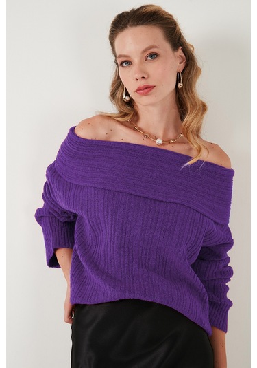 Lela Oversize Fit Madonna Yaka Triko Bayan Kazak 4615216 Mor