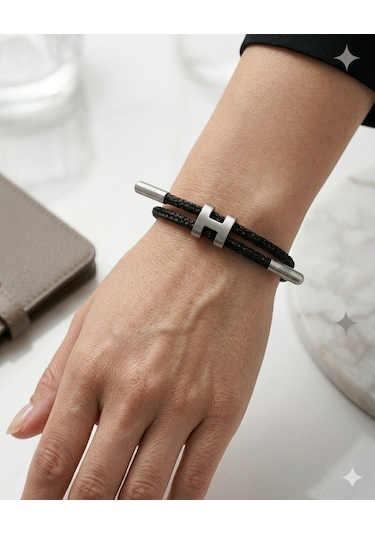 Unisex H Model Silver Renk Çelik Detay Siyah İp Bileklik Gümüş - Siyah