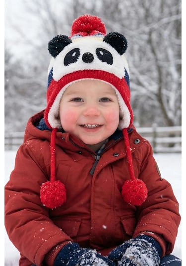 Bay Şapkacı - Sevimli Panda Tasarımlı Unisex Çocuk Kışlık Bere - 5900 Kırmızı