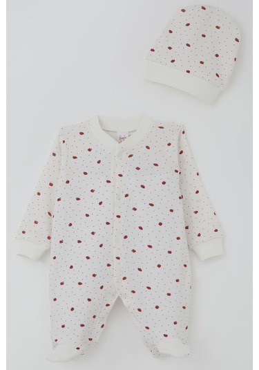 Breeze Kız Bebek Patikli Tulum Çilek Desenli 0-6 Ay, Ekru