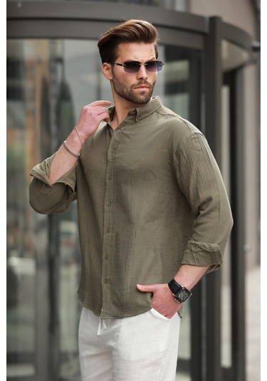 Madmext Haki Basic %100 Pamuklu Uzun Kollu Erkek Gömlek E6761 Haki