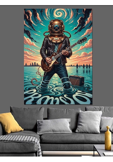 Karizma Tablo Gitar Çalan Balık Adam Dekoratif Kanvas - Mdf Ahşap Tablo
