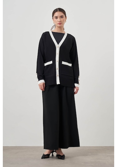 Mizalle Şeritli Rayon Siyah Hırka Siyah