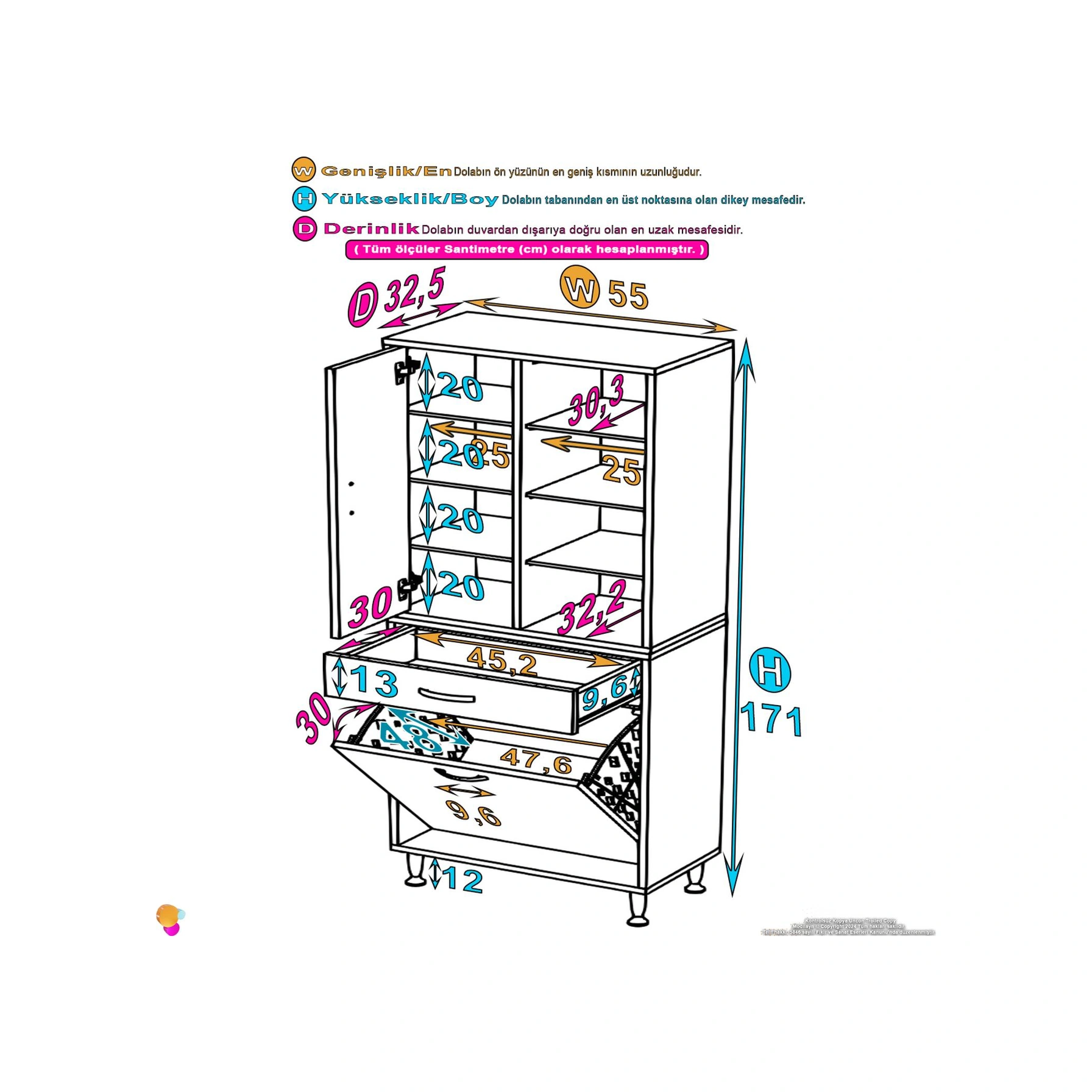 Yeni Kayra Tek Çekmece, 1 Göz Sepet, 2 Kapak, 8 Raf Dar Alan Banyo Dolabı 55x173x32,5 Cm Beyaz