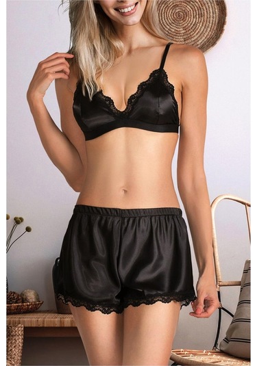 İPEK ÖZMEL Kadın Saten Bralet Takım Siyah  Gecelik Siyah
