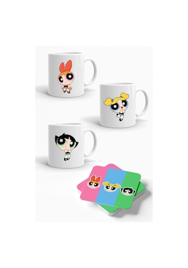 Powerpuff Girls Baskılı 3'lü Porselen Kupa Ve 3'lü Bardak Altlığı Seti Çok Renkli
