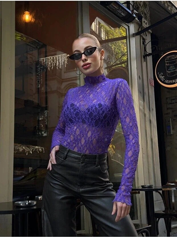 Kadın Yarım Balıkçı Yaka Full Esnek Dantel Bürümcük Spor Şık Tasarım Gece Bluzu Mor