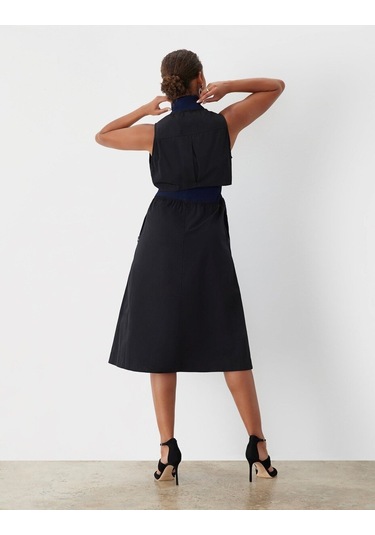 Kadın Dik Yaka Önü Fermuarlı Yırtmaçlı Baharlık Yazlık Beli Lastikli Şık Ceket Elbise Siyah