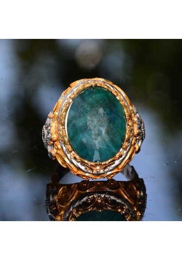 Gerçek Zümrüt Taşlı Yüzük, Zümrüt Yüzük, Katı Sterlin Gümüş Yüzük, Erkek Yüzüğü, Yeşil Gümüş