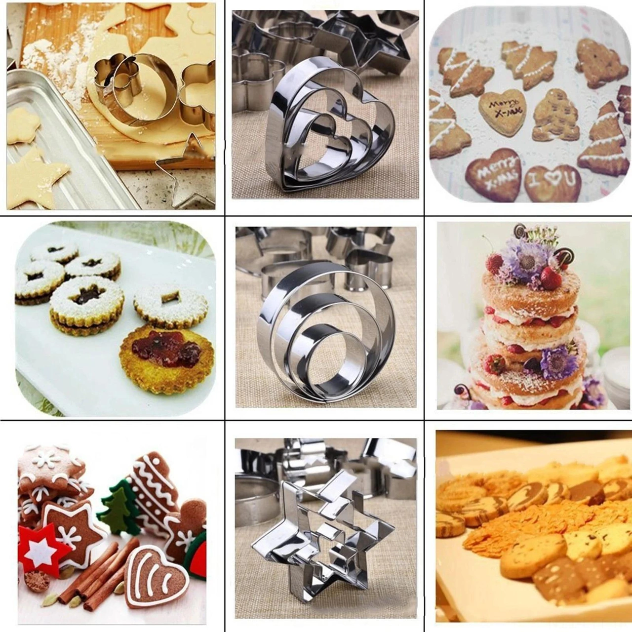 Youtek 12'li Paslanmaz Çelik Kek, Kurabiye, Tatlı Kalıbı Seti - Yeniden Kullanılabilir, Dayanıklı, Hamur Ve Sebze Kesme Baking Aracı Gümüş