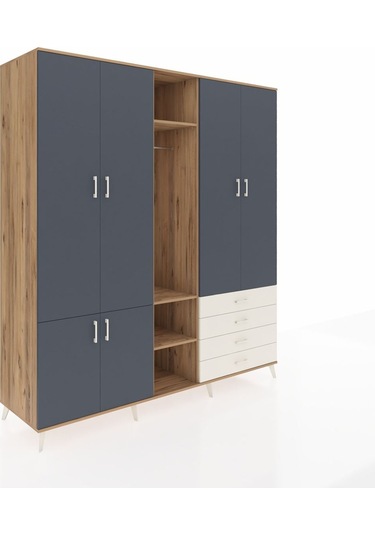 Kronos Dolap 14 Raflı 4 Çekmeceli Tek Askılı 220x59x243 Çam-antrasit/aytaşı Antrasıt/aytası