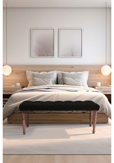 Gazzini Classic Torna Gürgen Ahşap Ayak Chester Model Kapitoneli Siyah Puf Bench - Ceviz Ayak