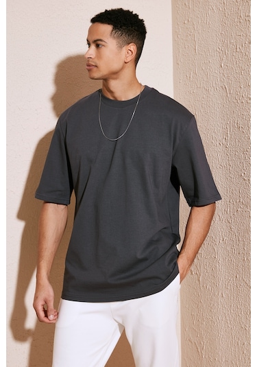 Buratti Pamuklu Oversize Bisiklet Yaka Basic Erkek T Shirt 5902365 Antrasit