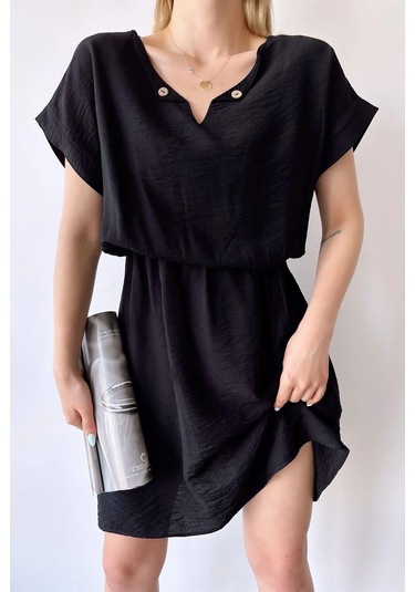 Kadın Siyah Kısa Kol, Kalp Yaka, Dokulu Desen, Bele Oturan, Aerobin Lastikli Bel Midi Elbise Siyah