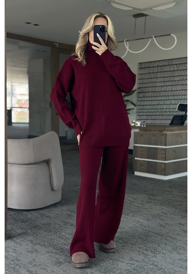 Laluvia Bordo Boğazlı Fitilli Triko Takım - 4671 Bordo