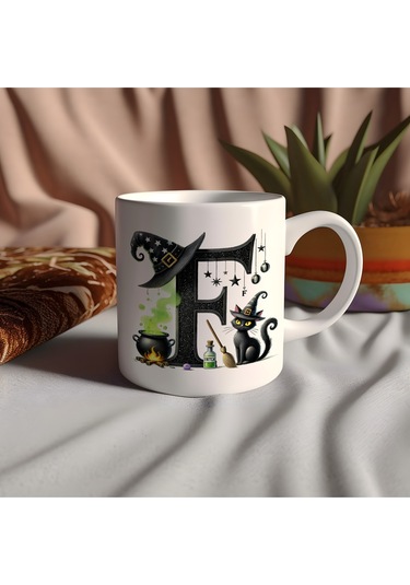 F Harfli Halloween Kedili Figür Kupa Bardak - Şapkalı Ve Kazanlı İsme Özel Kupa - Hediye Beyaz