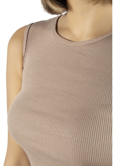 Bej Fitted/vücuda Oturan Crop Halter Yaka Fitilli Esnek Örme Bluz Atlet Bej