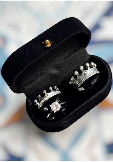 Gümüş Kral Kraliçe Tacı Sevgili Çift Yüzükleri + Tektaş Al43