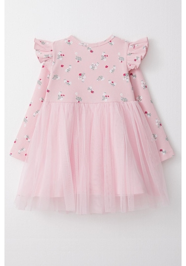 Breeze Çiçekli Fiyonklu Tüllü Uzun Kollu Kız Çocuk Elbise - Pembe