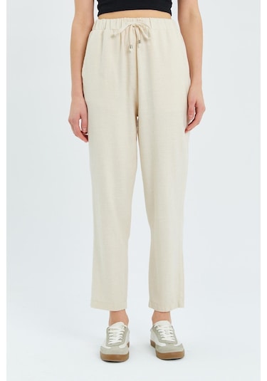 4566 Kadın Lastikli Bel Keten Pantolon Naturel Naturel