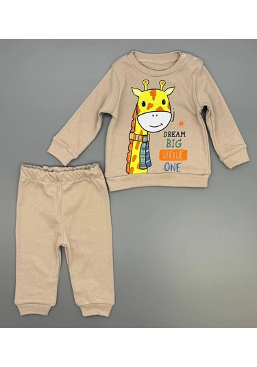 Kız Bebek Zürafa Baskılı Çıt Çıtlı Alt Üst İkili Gündelik Takım 6-18 Ay Bej