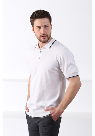 Ferraro Beyaz/Bej Yaka Şerit Düğmeli Erkek Pamuk Triko T-Shirt