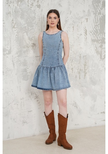 Fırfırlı Denim Kısa Elbise Mavi