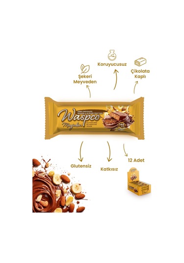 Waspco Bitter Çikolata Kaplı Muzlu Ve Bademli Meyve Bar 35G x 1 Adet