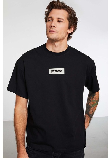 GRIMELANGE Inventıon Erkek %100 Organik Pamuklu Kalın Dokulu Baskı Detaylı Oversize Siyah T-shirt Siyah