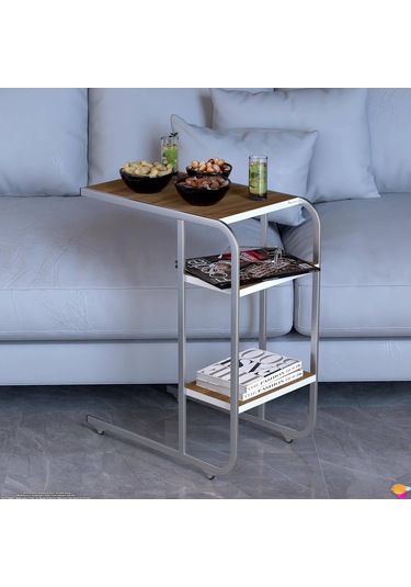 Modilayn C Yan Sehpa Dar Boy Tekerlekli Çalışma, Atıştırmalık, Yemek, Laptop Sehpası Ceviz Kahverengi