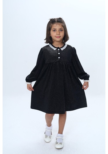 Toontoy Kız Çocuk Yaka Düğmeli Fırfırlı Elbise Siyah