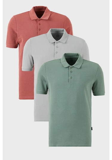 Buratti Pamuklu Regular Fit Düğmeli Polo Yaka 3'Lü Paket Erkek T Shirt 5902127S3 Gül-Elma Yeşili-Kül