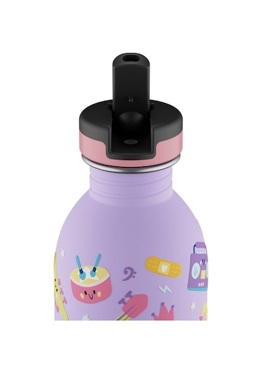 Kids Bottle Music Friends Pipetli Paslanmaz Çelik Çocuk Su Matarası 250 Ml Mor