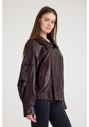 Oversize Kısa Bayan Deri Ceket Vb-14-bk-2847-24115 Bordo