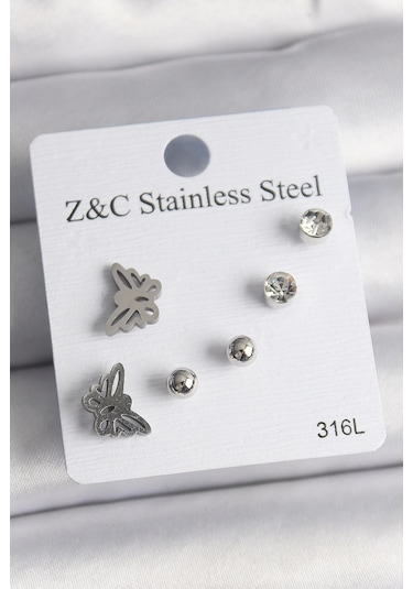 316l Çelik Gümüş Renk Zirkon Taşlı Kelebek Model Kadın Küpe Seti