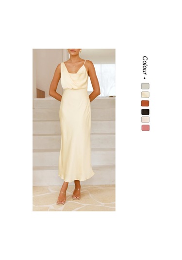 Yaz Yeni Kadın Düz Renk Askılı Elbise Açık Kahverengi