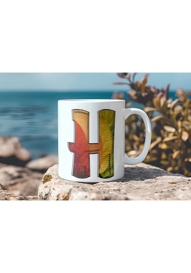 H Harf Yaprak Renkleri İle Kupa Bardak - Kişiye Özel Alfabe Harfli Bardak - Hediye Beyaz