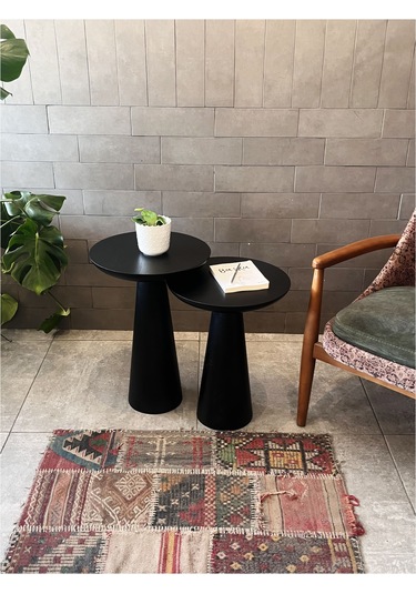 2'li Zigon Mantar Sehpa Mushroom Masif Ahşap Modern Yan Sehpa Takımı Siyah