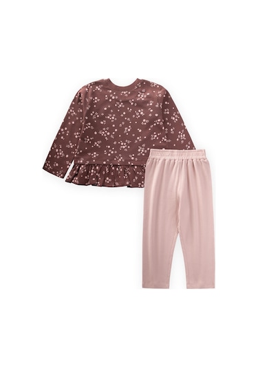 Cigit Desenli Uzun Kollu T-shirt Kız Çocuk Takım - Mürdüm
