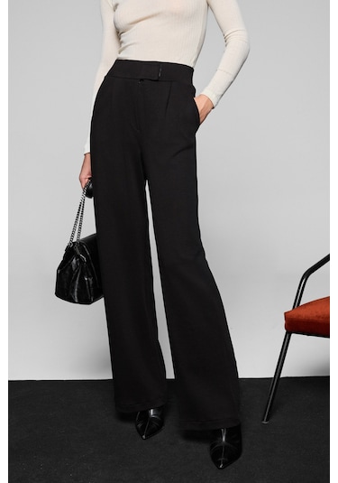 Grımelange Phalıera Kadın Esnek Kumaşlı Rahat Kalıp Cırt Kapamalı Siyah Pantolon Siyah